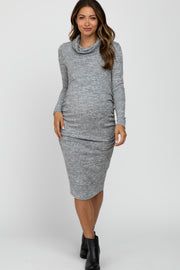 Heather Grey Knit Long Sleeve Cowl Neck Maternity Dress