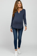 Navy Blue Floral Trim Maternity Top