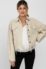 Beige Corduroy Distressed Hem Cropped Maternity Jacket