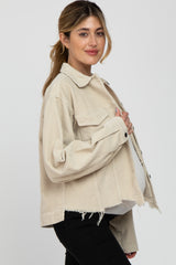 Beige Corduroy Distressed Hem Cropped Maternity Jacket