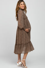 Taupe Animal Print Smocked Mock Neck Maternity Midi Dress