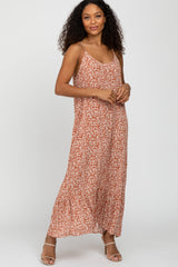 Rust Leaf Print Ruffe Hem Sleeveless Maternity Maxi Dress