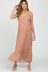 Rust Leaf Print Ruffe Hem Sleeveless Maternity Maxi Dress