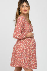 Mauve Floral Ribbed Ruched Bust Maternity Dress