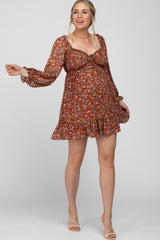 Rust Floral Chiffon Ruffle V-Neck Maternity Dress