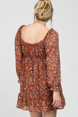 Rust Floral Chiffon Ruffle V-Neck Maternity Dress