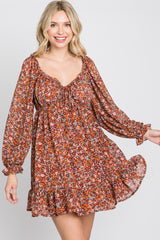 Rust Floral Chiffon Ruffle V-Neck Maternity Dress