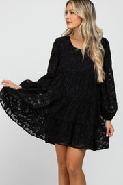 Black Floral Textured Tiered Maternity Dress