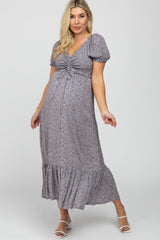 Grey Floral Smocked Puff Sleeve Maternity Maxi Dress