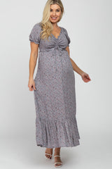 Grey Floral Smocked Puff Sleeve Maternity Maxi Dress