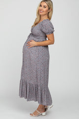 Grey Floral Smocked Puff Sleeve Maternity Maxi Dress