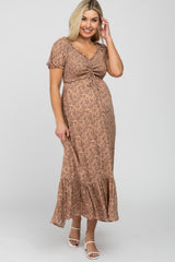 Mocha Floral Smocked Puff Sleeve Maternity Maxi Dress