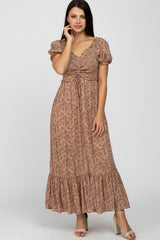 Mocha Floral Smocked Puff Sleeve Maternity Maxi Dress