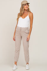 Beige Ribbed Drawstring Maternity Joggers