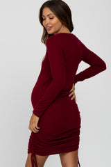 Burgundy Ruched Drawstring Accent Maternity Dress