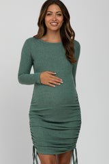 Light Olive Ruched Drawstring Accent Maternity Dress