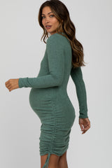 Light Olive Ruched Drawstring Accent Maternity Dress