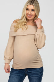 Taupe Soft Brushed Off Shoulder Fitted Maternity Top