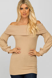 Taupe Soft Brushed Off Shoulder Fitted Top