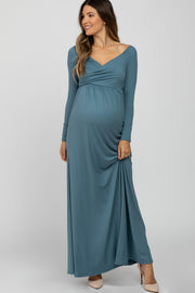 Turquoise Wrap Front Empire Waist Maternity Maxi Dress