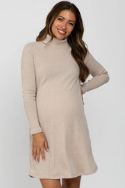 Beige Ribbed Turtleneck Maternity Dress