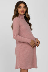 Pink Ribbed Turtleneck Maternity Dress