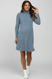 Blue Ribbed Turtleneck Maternity Dress