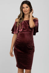 Mauve Velvet Off Shoulder Fitted Maternity Dress