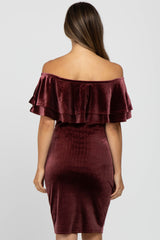 Mauve Velvet Off Shoulder Fitted Maternity Dress