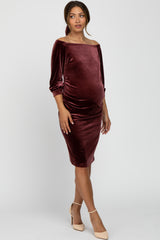 Mauve Velvet Off Shoulder Fitted Maternity Dress