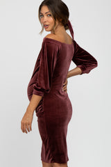 Mauve Velvet Off Shoulder Fitted Maternity Dress