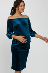 Teal Velvet Off Shoulder Fitted Maternity Dress