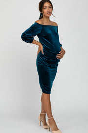 Teal Velvet Off Shoulder Fitted Maternity Dress