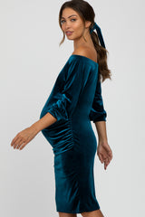 Teal Velvet Off Shoulder Fitted Maternity Dress