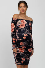 Navy Floral Velvet Off Shoulder Fitted Maternity Dress