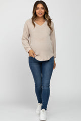 Beige Marled V-Neck Long Sleeve Maternity Top