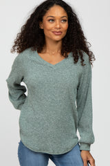 Light Olive Marled V-Neck Long Sleeve Top