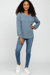 Blue Marled V-Neck Long Sleeve Top