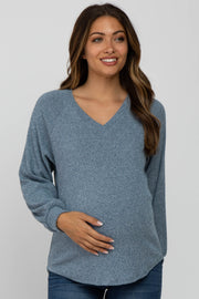 Blue Marled V-Neck Long Sleeve Maternity Top