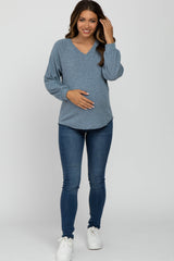 Blue Marled V-Neck Long Sleeve Maternity Top