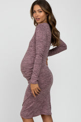 Mauve Heathered Ruched Tulip Hem Maternity Dress