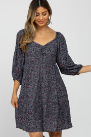 Navy Floral 3/4 Sleeve Mini Dress