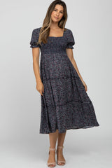 Navy Floral Smocked Tiered Maternity Midi Dress