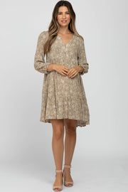 Taupe Floral Button Front Tiered Maternity Dress