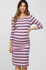 Plum Multi Stripe Ruched Maternity Dress