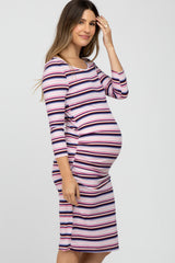 Plum Multi Stripe Ruched Maternity Dress