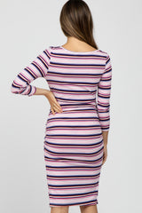 Plum Multi Stripe Ruched Maternity Dress