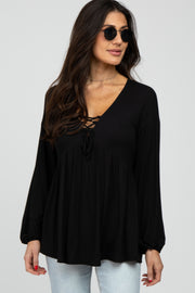 Black Lace-Up Front Long Sleeve Babydoll Top