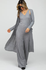 Heather Grey Ribbed Sleeveless Jumpsuit Cardigan Set