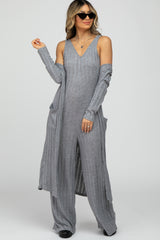 Heather Grey Ribbed Sleeveless Jumpsuit Cardigan Set